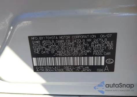 2007 Lexus Is 350 from USA, damaged, VIN JTHBE262672012374